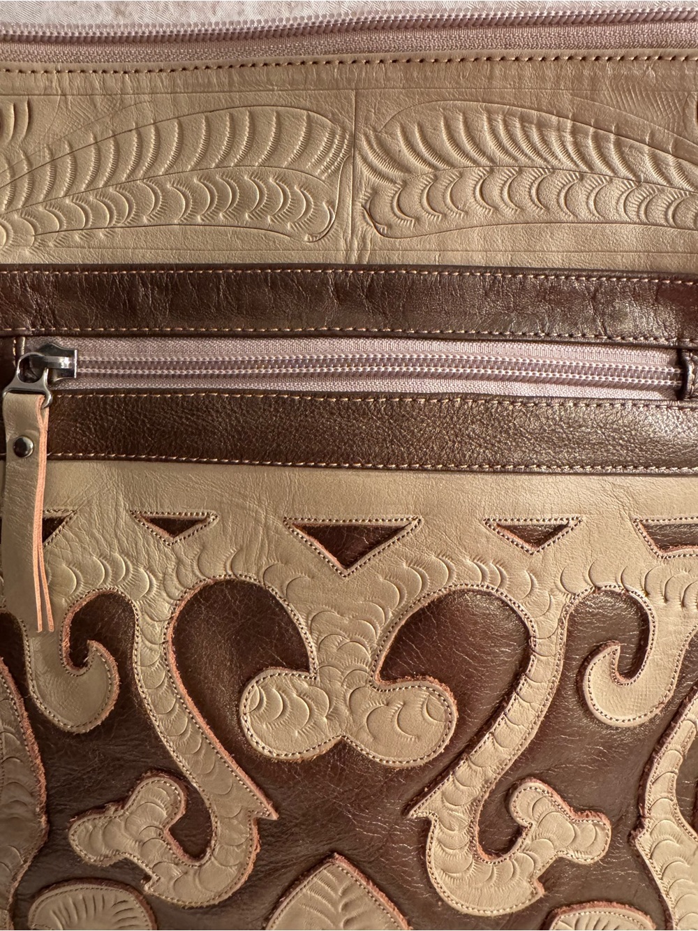 Labrado Leather in Beige and Brown - crossbody Embossed Leather Design - Picture 4 of 15